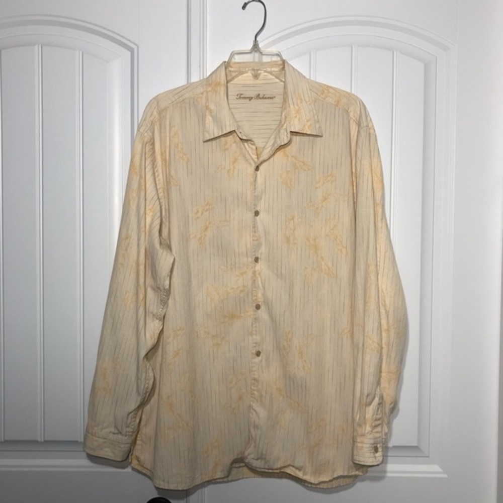 Tommy Bahama Cotton Blend Mens Button Down Long Sleeve Yellow Print Shirt XL